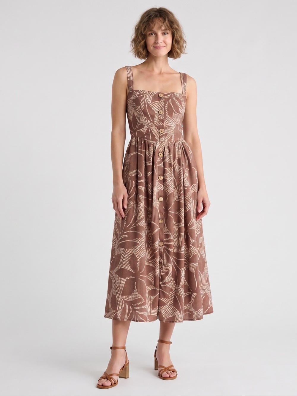 Hutch Peterson Coffee Tropical Leaf Print Midi Dress Button Front Boho NWT